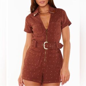 Show Me Your Mumu Brown Denim Studded Romper